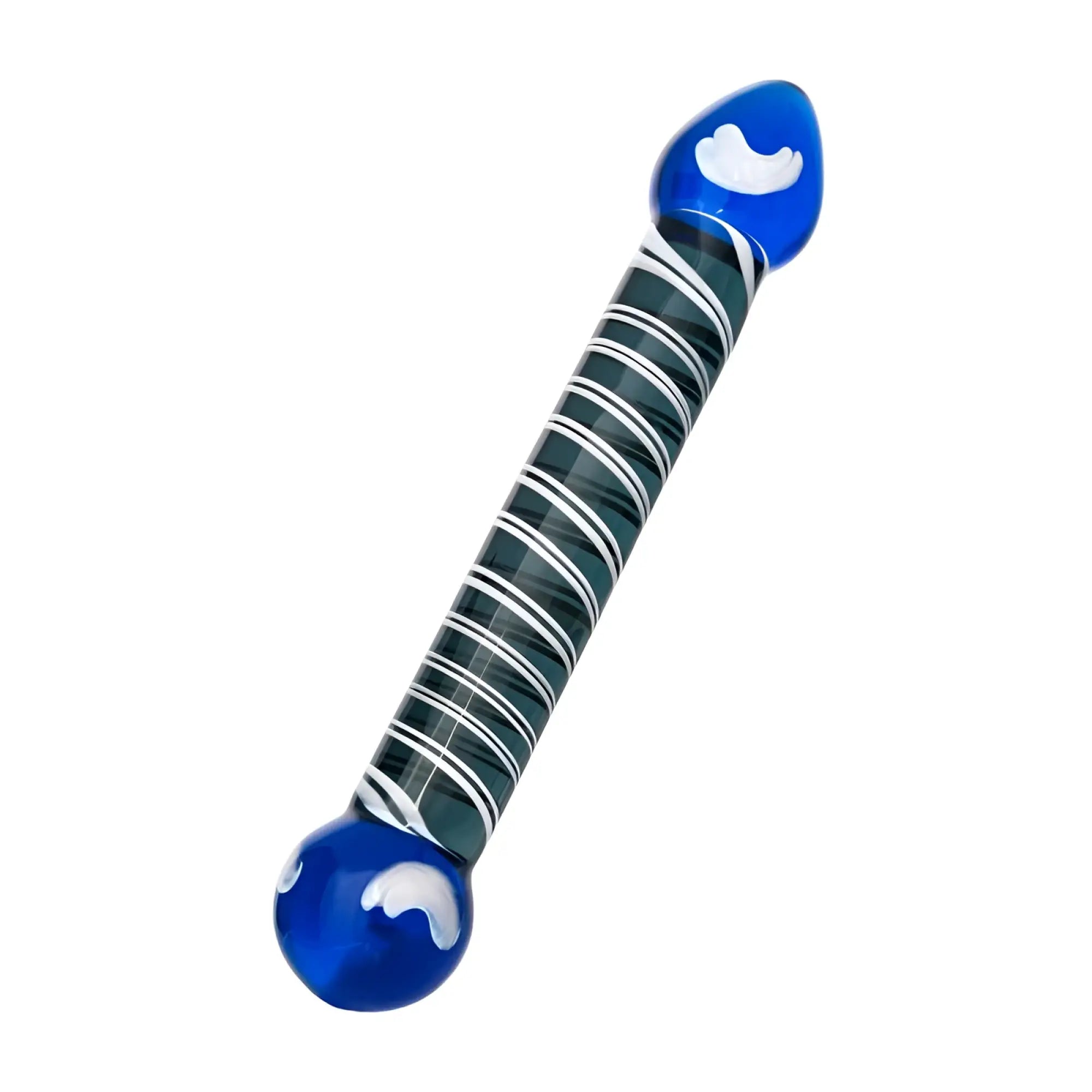 Blue glass dildo with teal and white spiral stripes and cloud designs on both ends from Sexus Glass 20cm