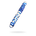 Clear glass dildo duo dong 22cm with blue spiral ridges and embedded blue dots for sensual use
