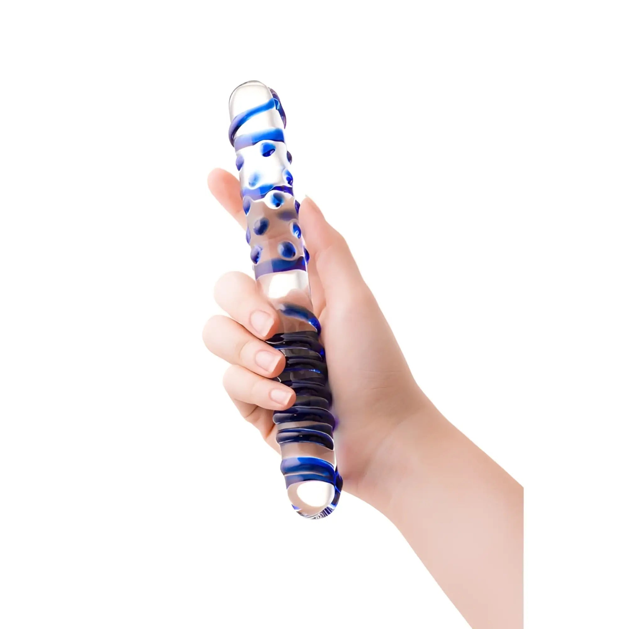 Sexus glass dildo duo dong 22cm transparent blue and clear glass with textured grip for enhanced handling