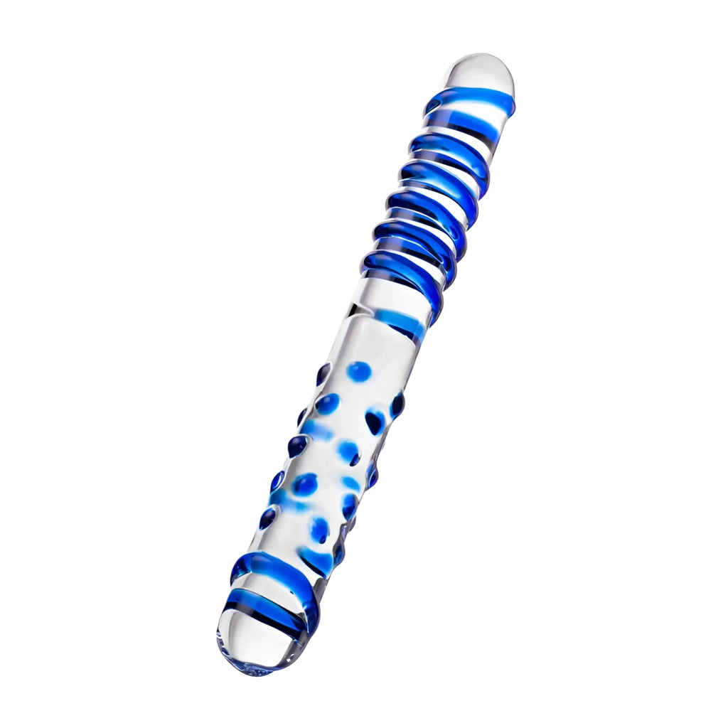 Sexus Glass dildo duo dong 22cm transparent glass with blue spiral ridges and embedded blue dots
