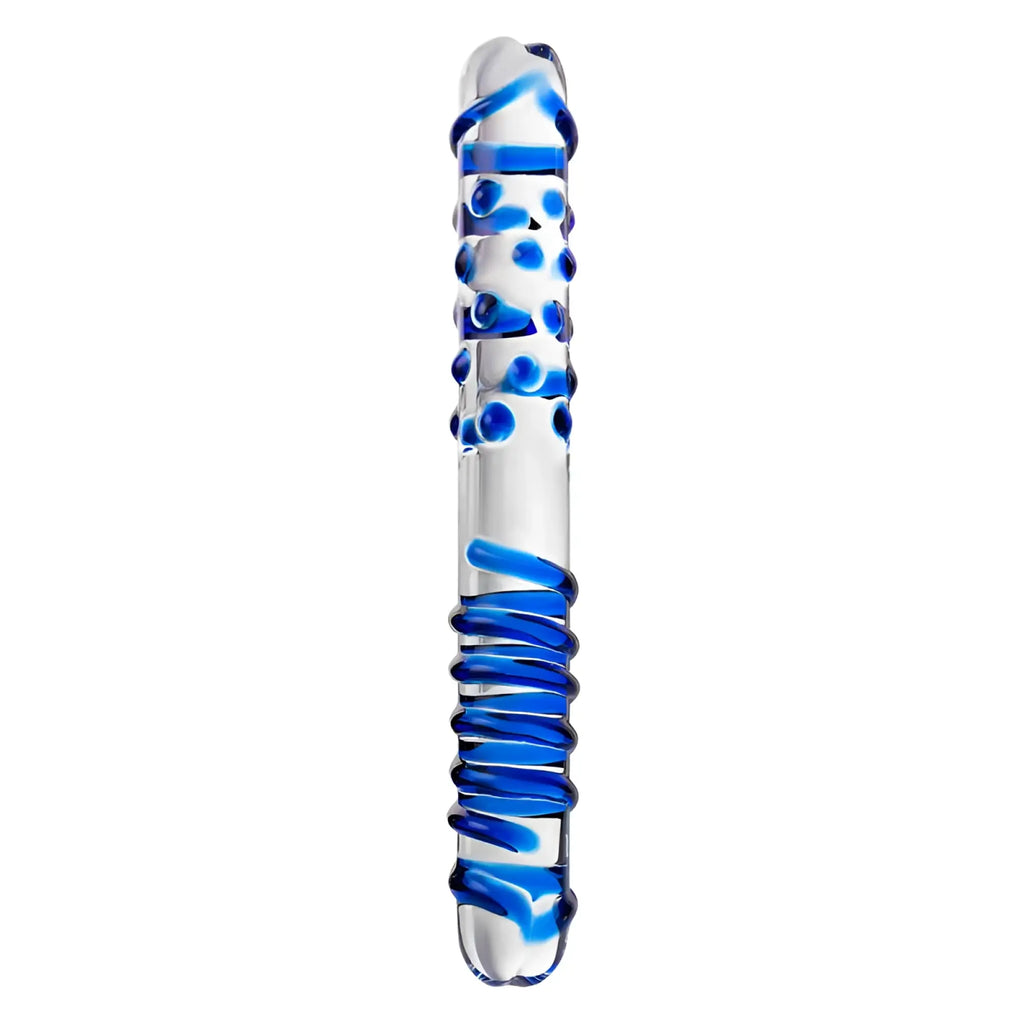 Sexus glass dildo duo dong 22cm transparent glass dildo with blue swirls and dots for intimate use