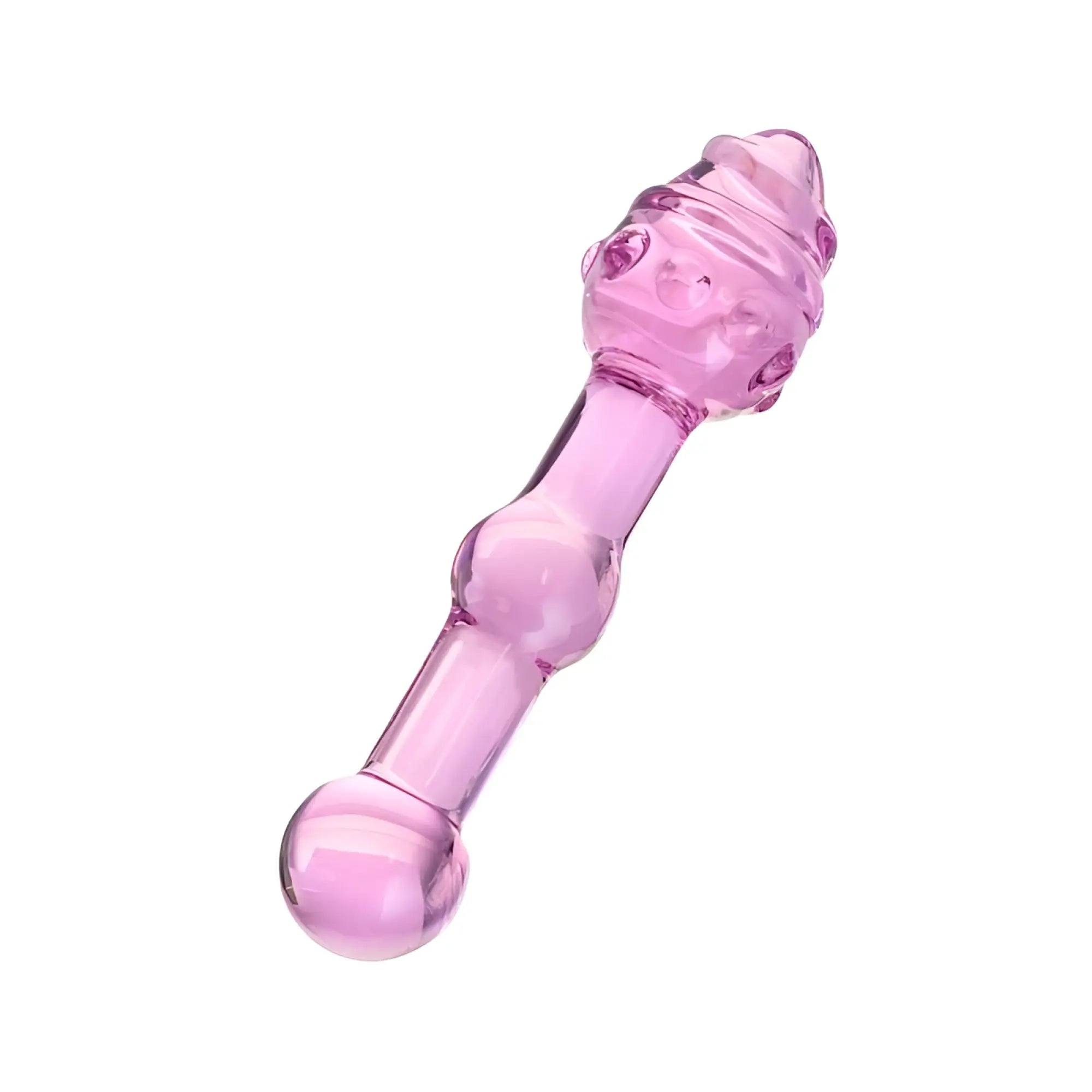 Pink translucent glass dildo by Sexus Glass with rounded base and decorative head 17cm length