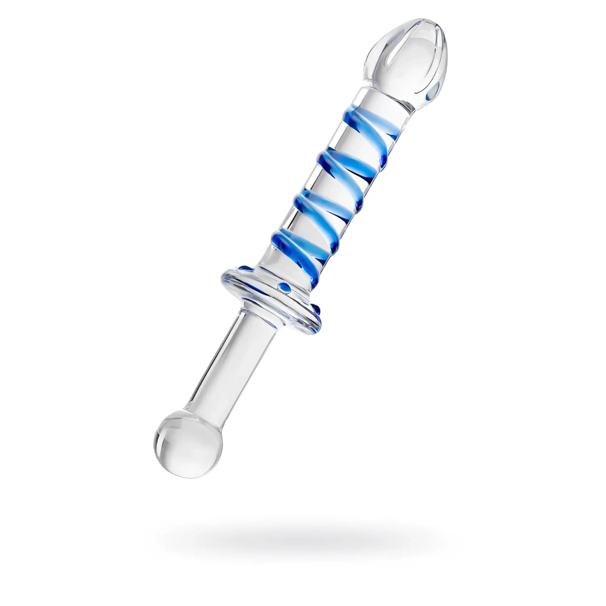 Sexus glass dildo probe with handle 23cm clear glass with blue spiral swirls and rounded ends
