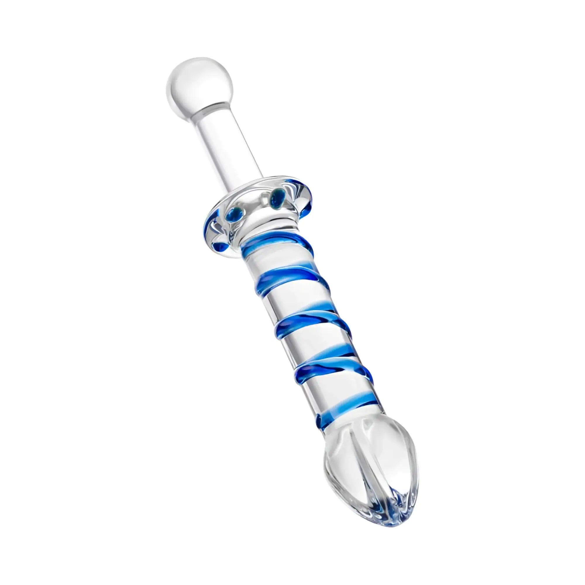 Clear glass dildo probe with blue spiral stripes and rounded bulbous head by Sexus glass 23cm with handle