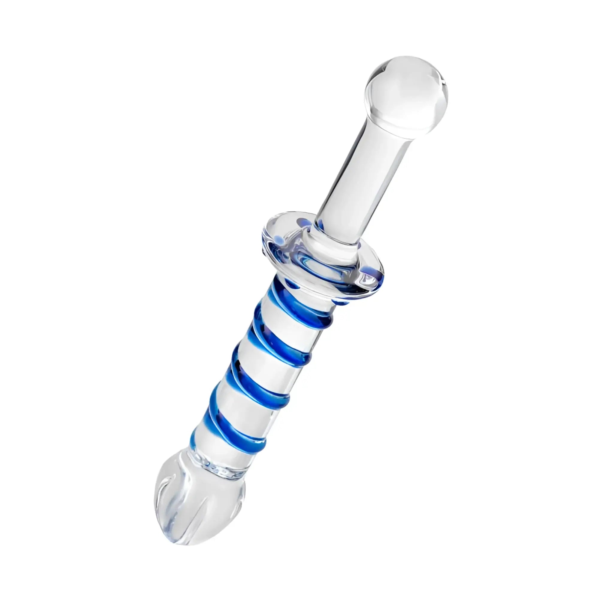 Sexus glass dildo probe with handle 23cm made of clear glass with blue spiral stripes and rounded tip