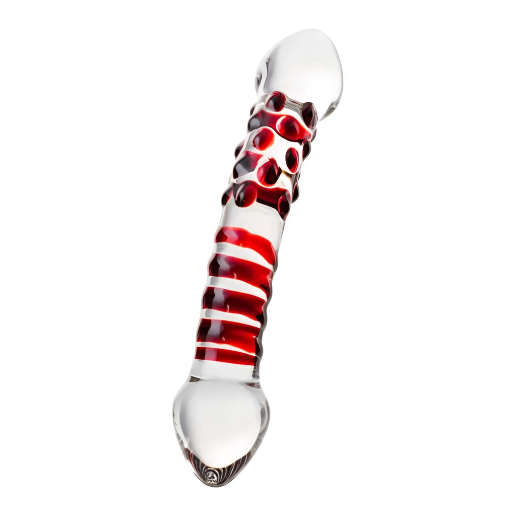 Clear glass dildo Sexus Glass dildo red delight 19cm with red and white striped patterns and red circular accents