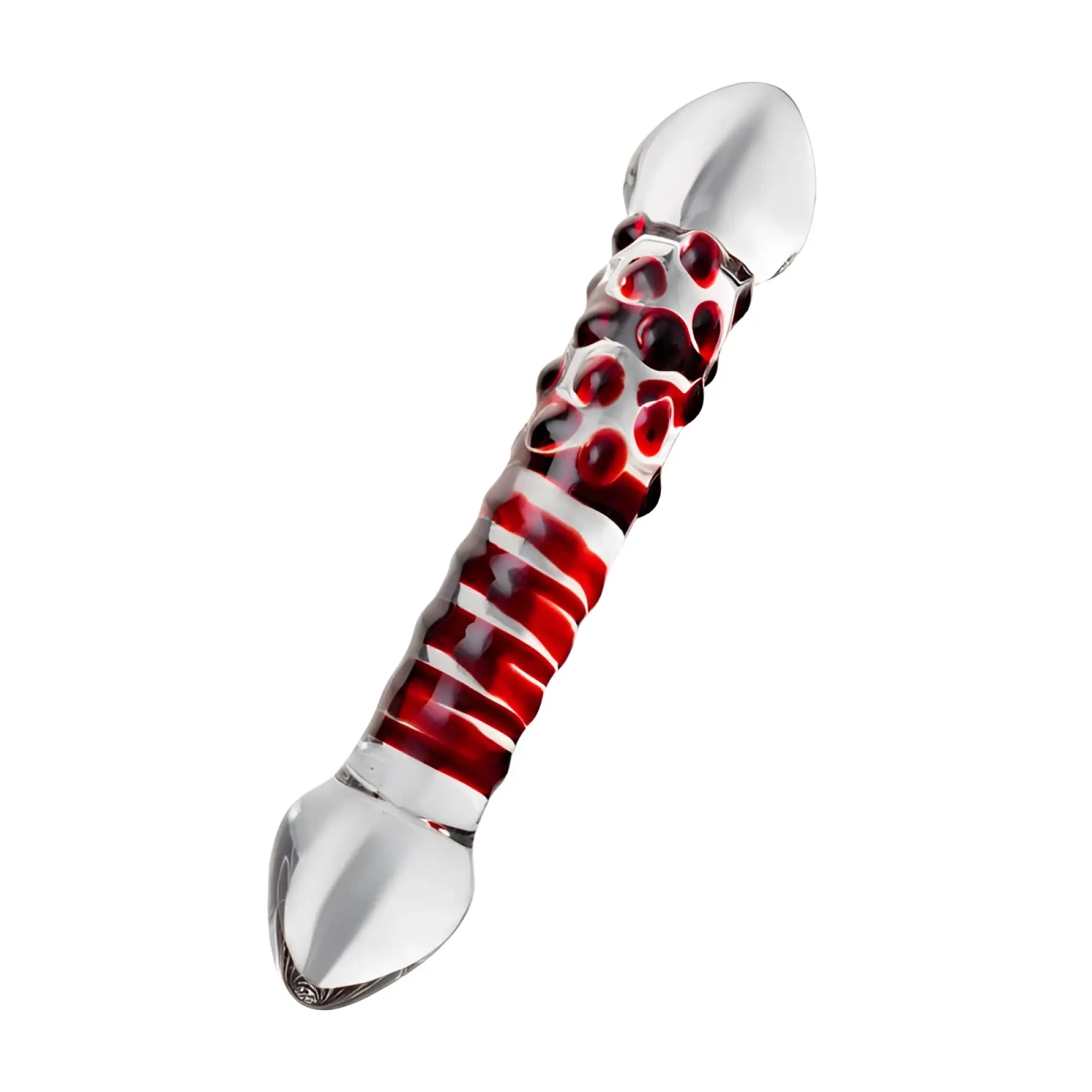 Clear glass dildo with red and white swirling patterns and embedded red beads sexus glass dildo red delight 19cm