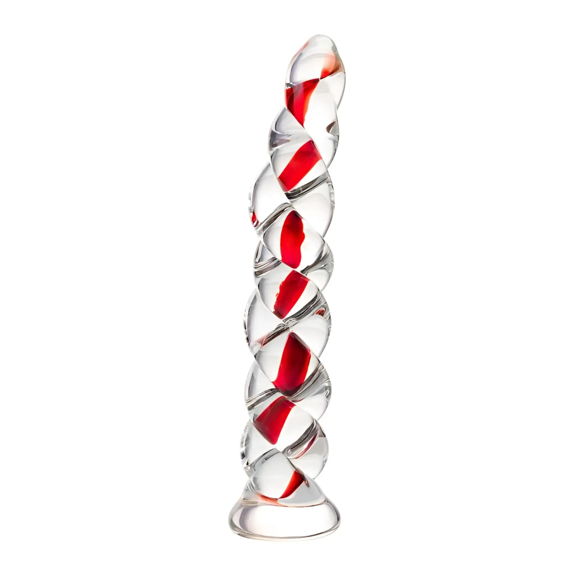 Sexus Glass dildo shaped like clear glass candy cane with red swirls and ribbed texture 18.2cm long