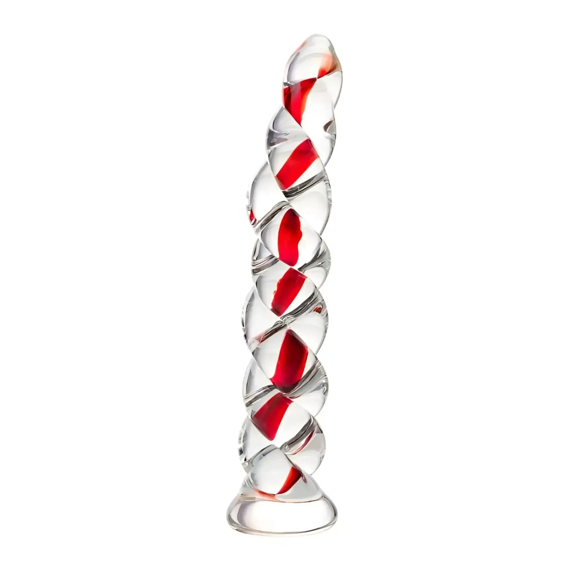 Sexus Glass dildo shaped like clear glass candy cane with red swirls and ribbed texture 18.2cm long