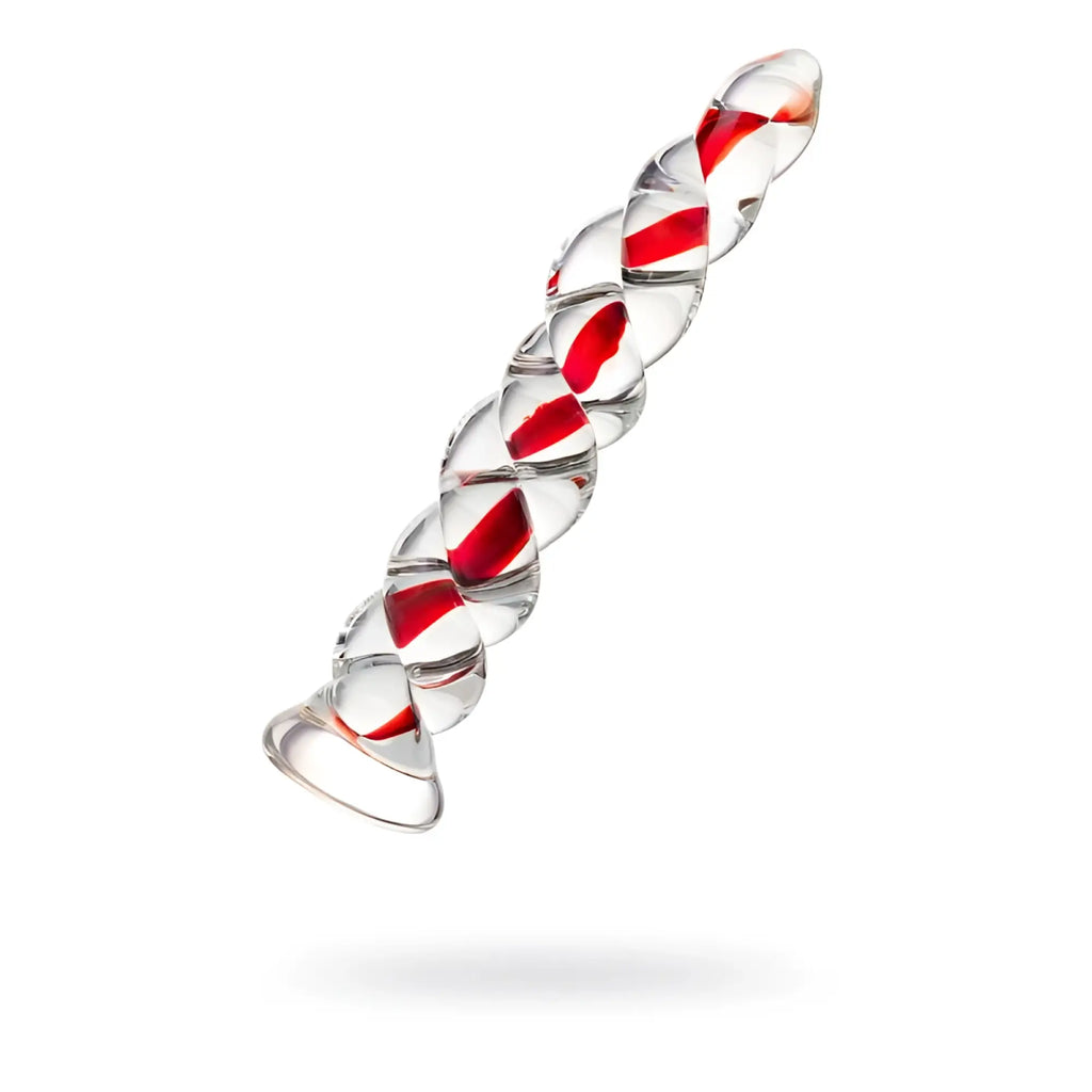 Sexus glass dildo red ribbed 18.2cm clear glass candy cane shaped object with red stripes