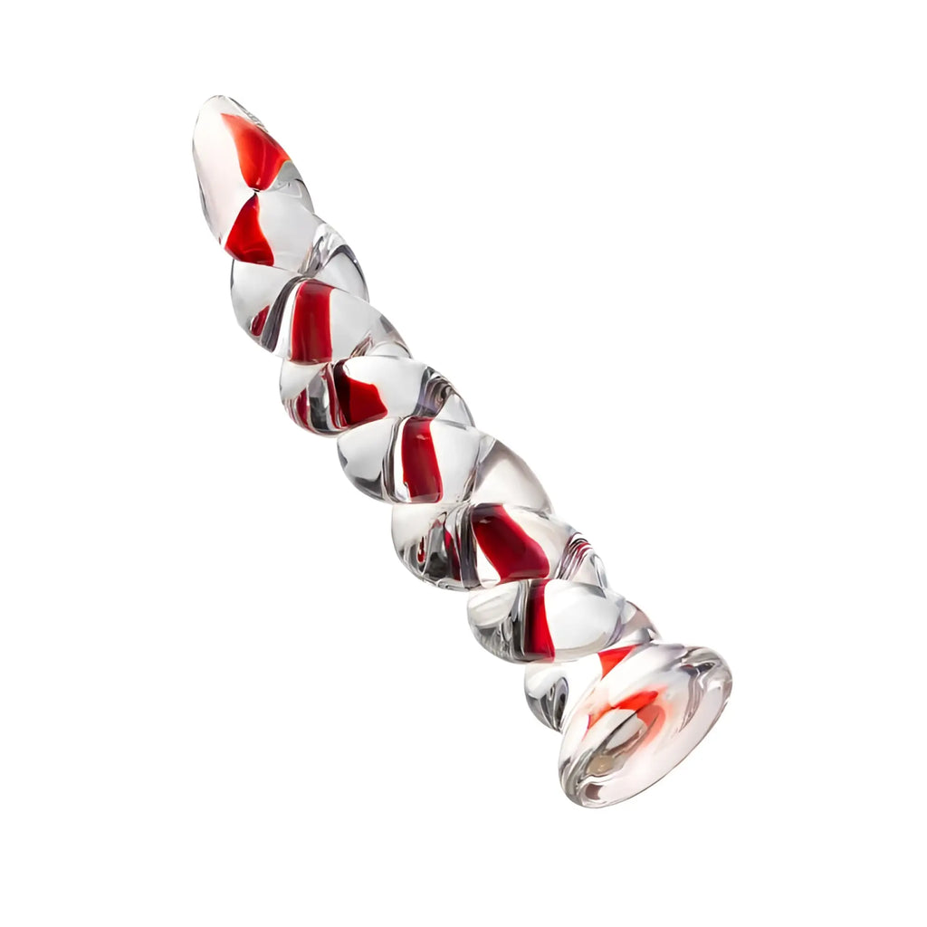 Clear glass unicorn horn dildo with red swirls and polished glossy finish by sexus glass 18.2cm