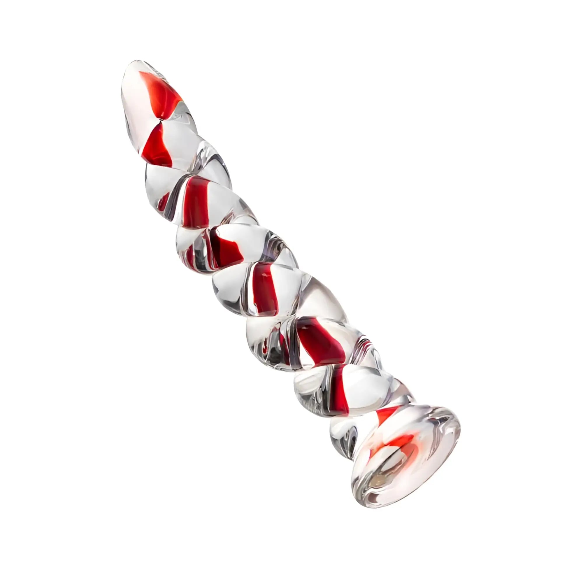 Clear glass unicorn horn dildo with red swirls and polished glossy finish by sexus glass 18.2cm