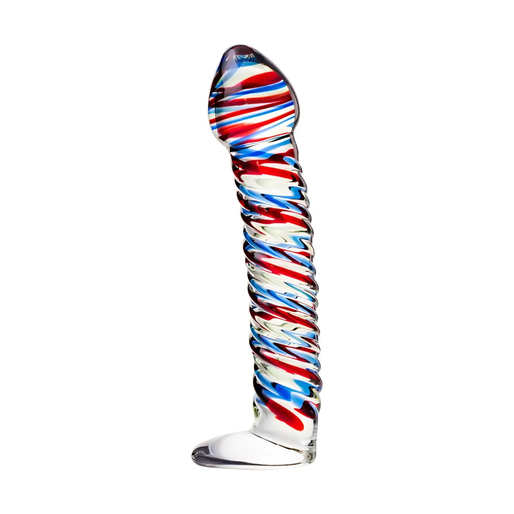 A clear glass dildo by sexus with a twisted red white and blue striped design and base measuring 16cm