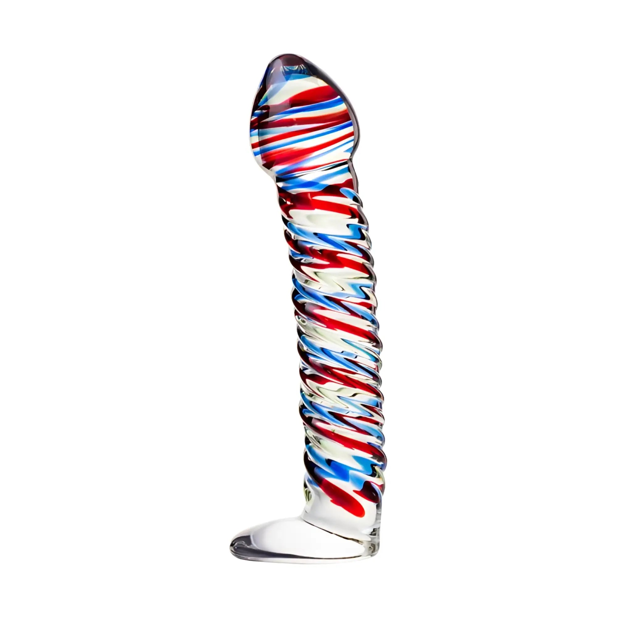 A clear glass dildo by sexus with a twisted red white and blue striped design and base measuring 16cm