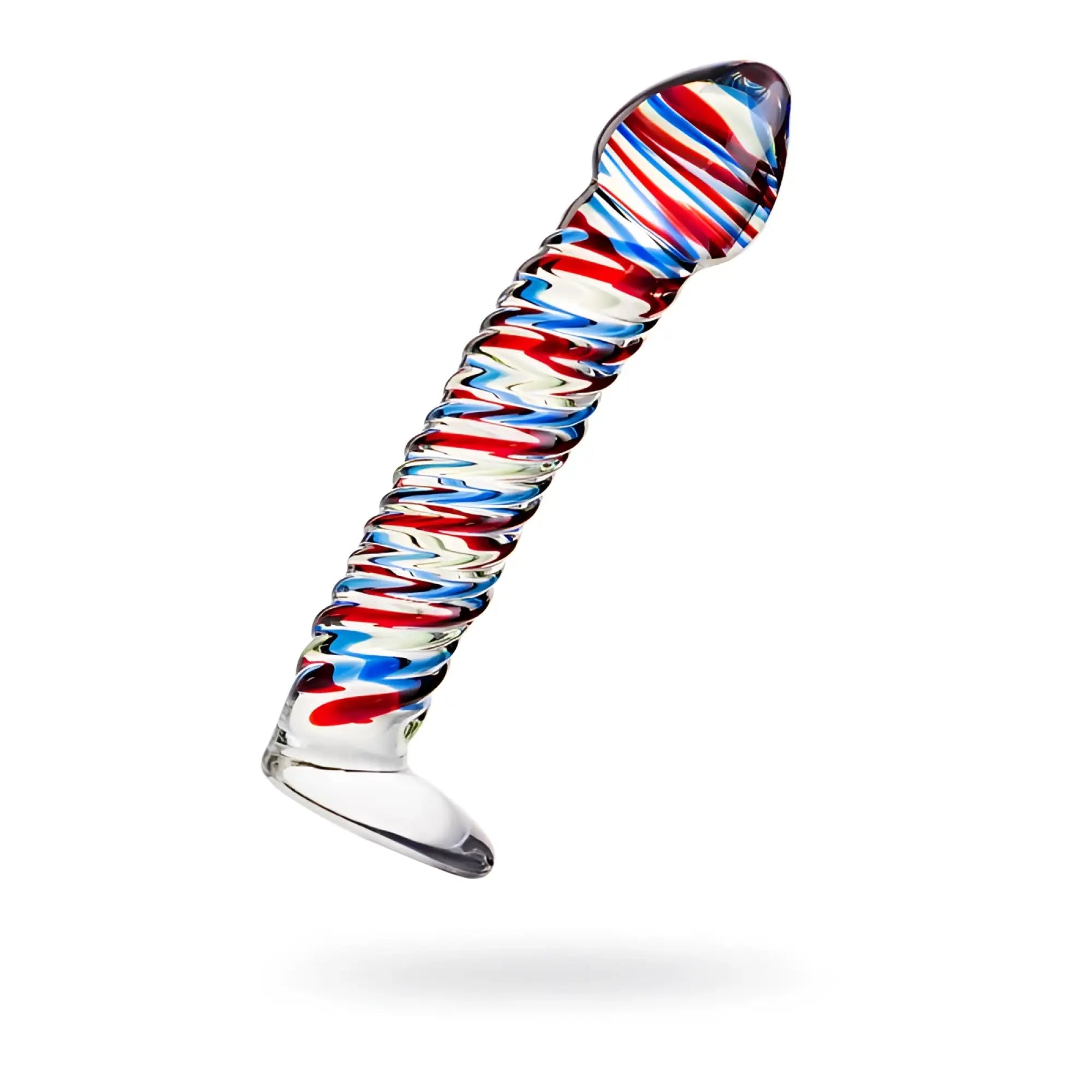 Sexus glass dildo stripes with base 16cm translucent glass with swirling red blue and clear colors