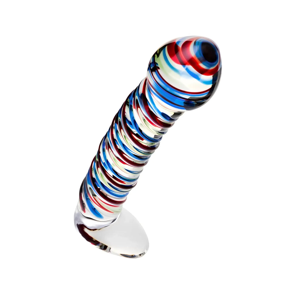 Vibrant glass dildo sexus glass dildo stripes with base in blue red and white swirling patterns 16cm