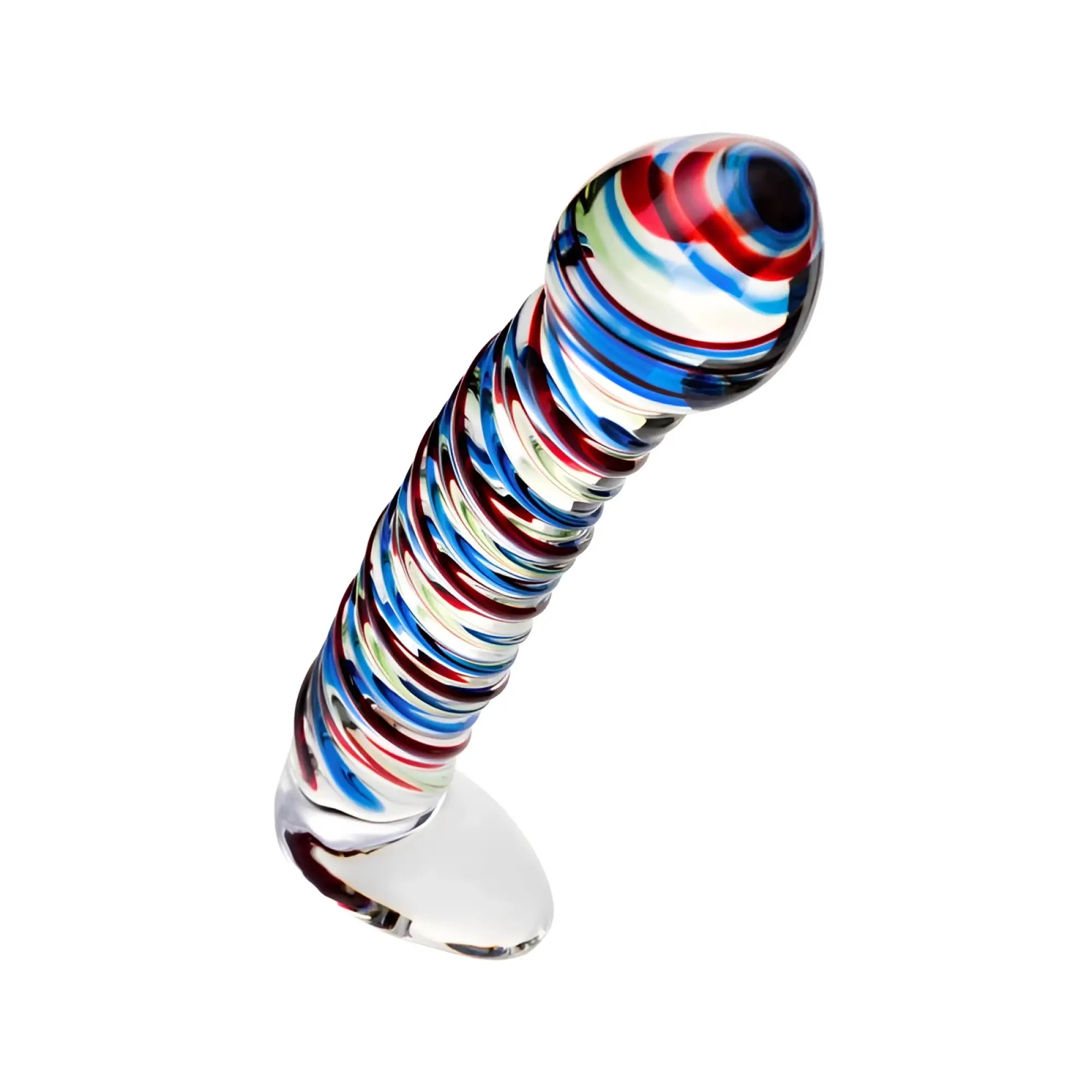 Vibrant glass dildo sexus glass dildo stripes with base in blue red and white swirling patterns 16cm