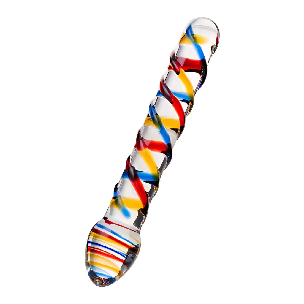A clear glass dildo with twisted design and vibrant red blue yellow swirls sexus glass dildo tropicana 19.5cm