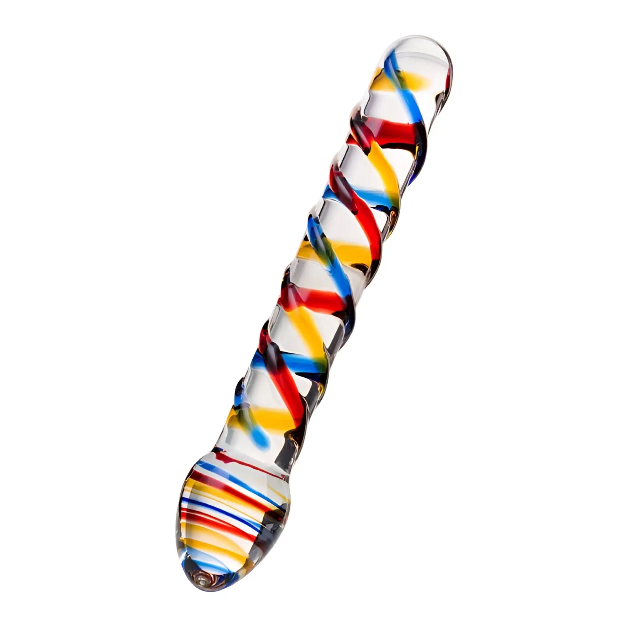 A clear glass dildo with twisted design and vibrant red blue yellow swirls sexus glass dildo tropicana 19.5cm