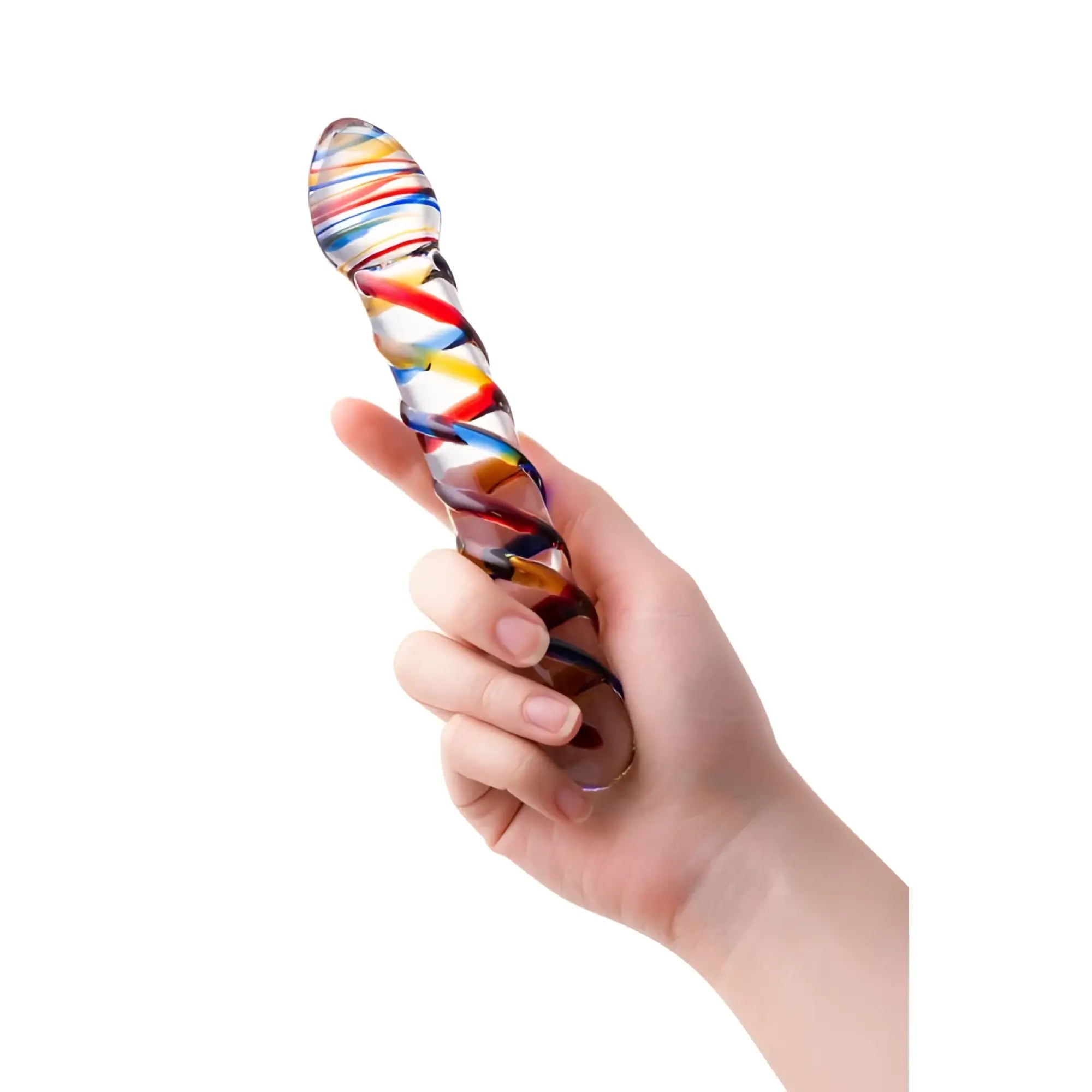 Sexus Glass dildo Tropicana 19.5cm made of translucent glass with red blue yellow and orange swirling patterns