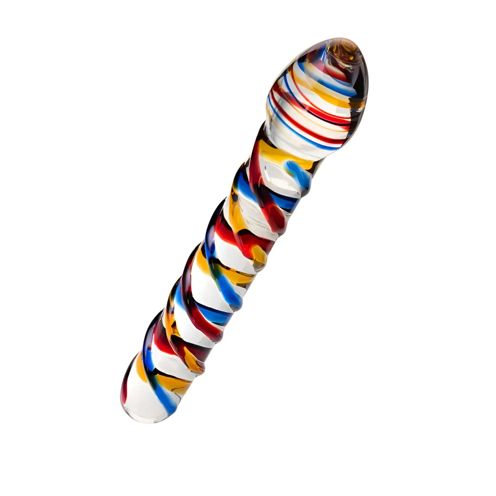 Sexus glass dildo tropicana 19.5cm translucent glass with vibrant red blue yellow and white swirling pattern