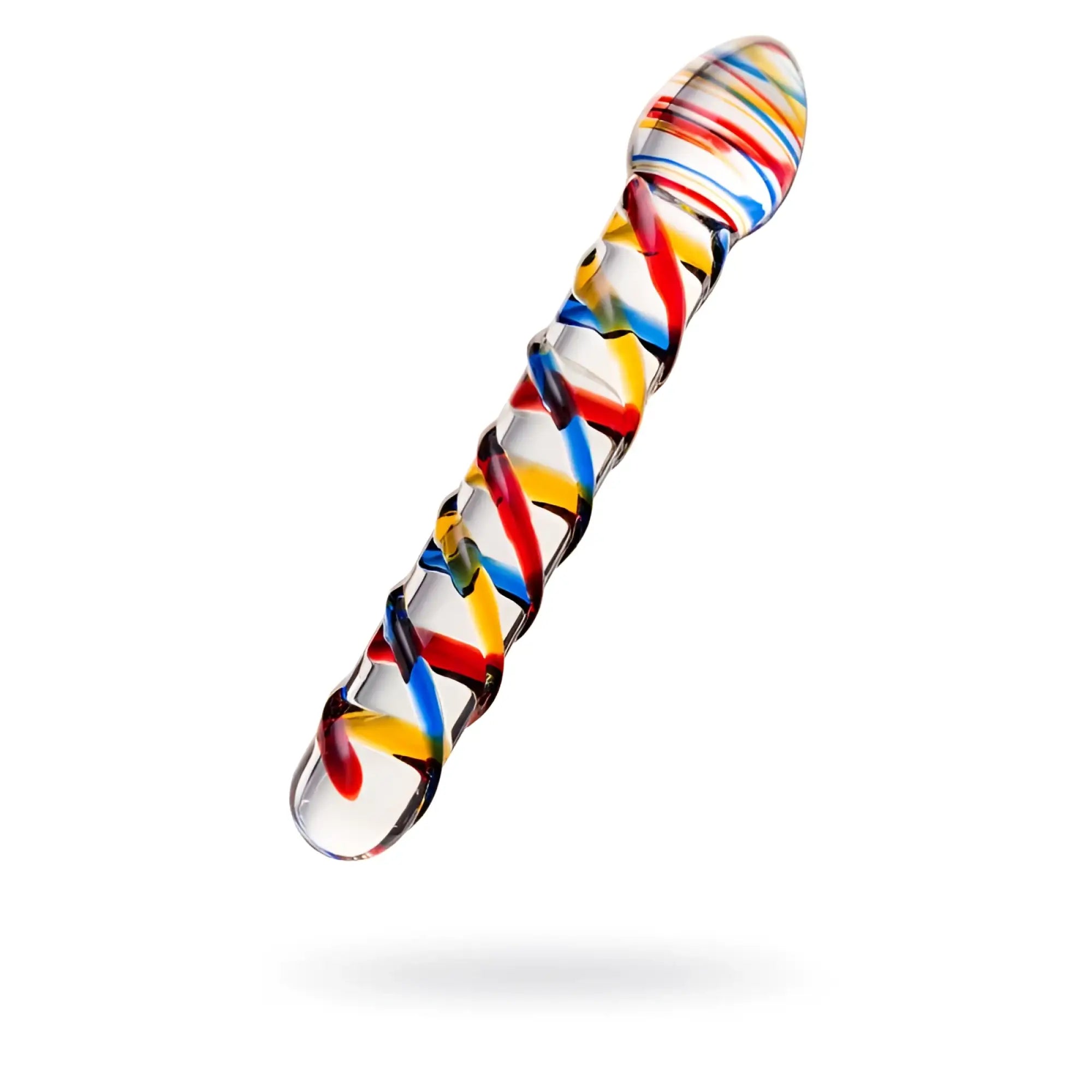 Sexus Glass dildo Tropicana 19.5cm with translucent glass and vibrant red blue yellow swirls along its length