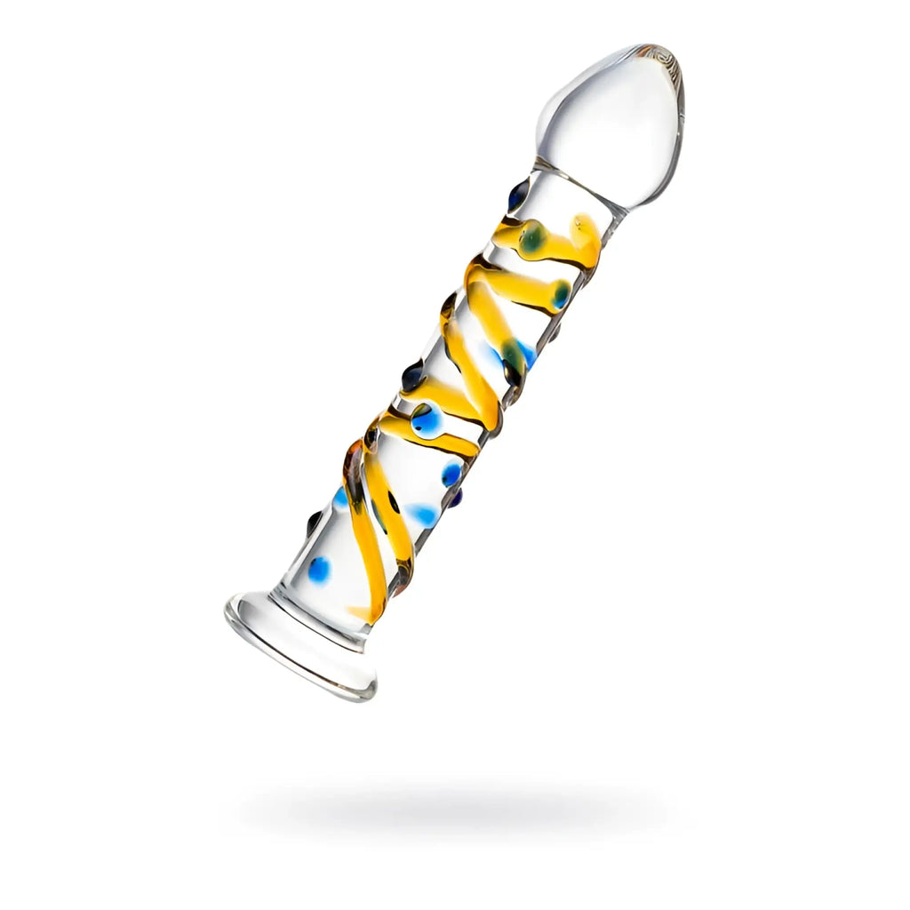 Clear glass Sexus Glass dildo with swirling yellow and blue patterns measuring 17.2cm for intimate use
