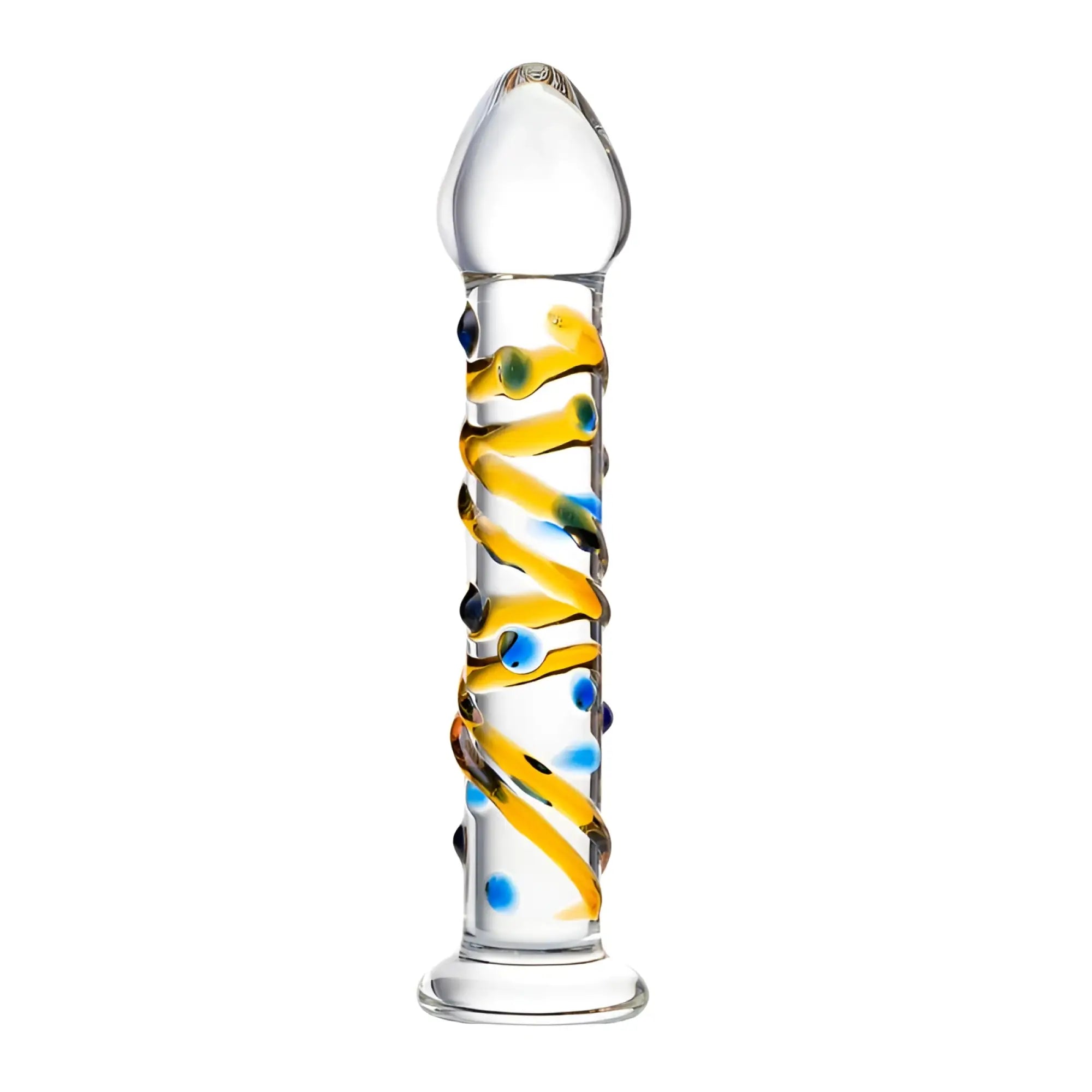 Clear glass Sexus Glass dildo with swirling yellow and blue patterns measuring 17.2cm for intimate use