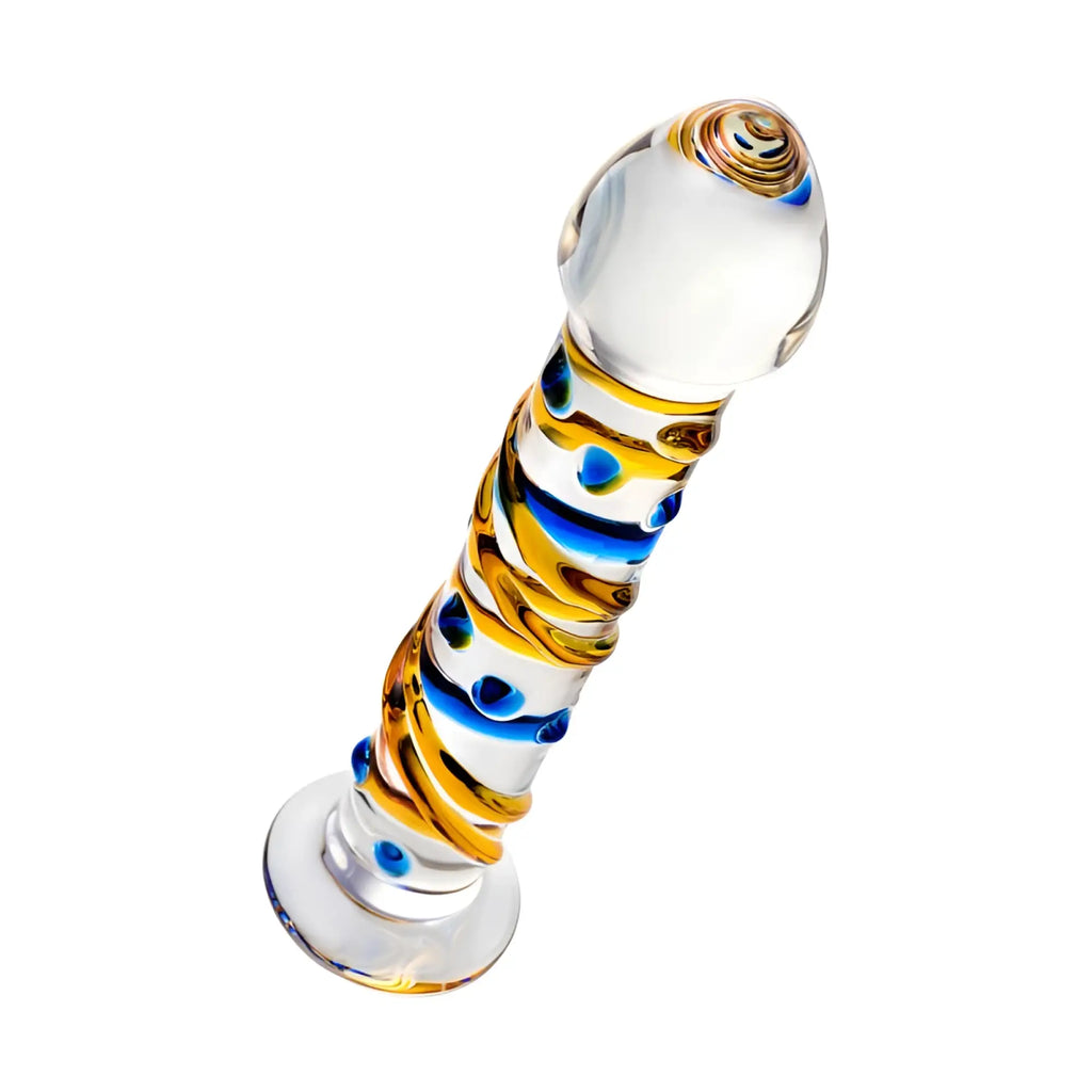 A clear glass Sexus Glass dildo 17.2cm with swirling gold and blue patterns for intimate use