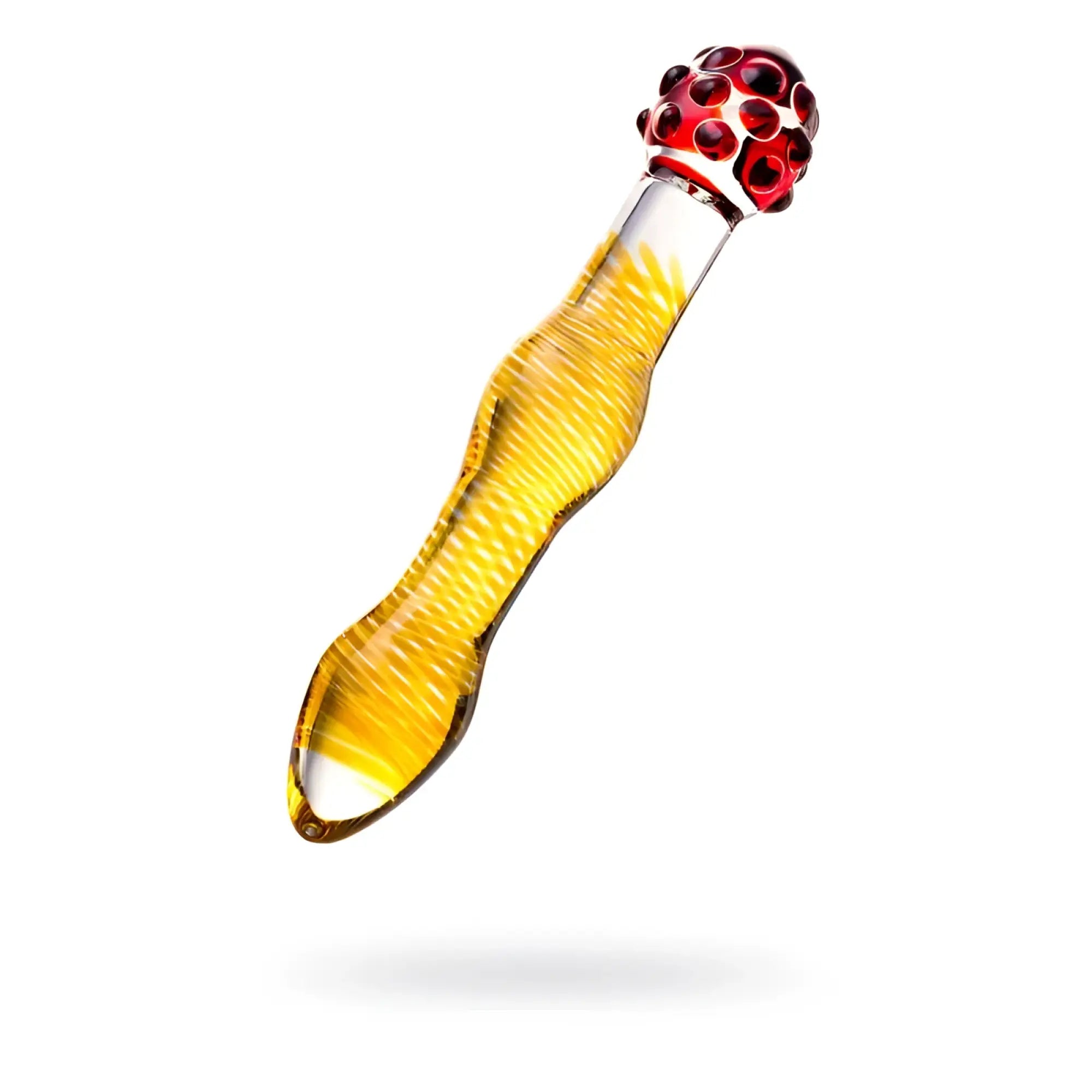 Sexus Glass dildo in yellow translucent glass with a red bubble textured head measuring 20.5 cm