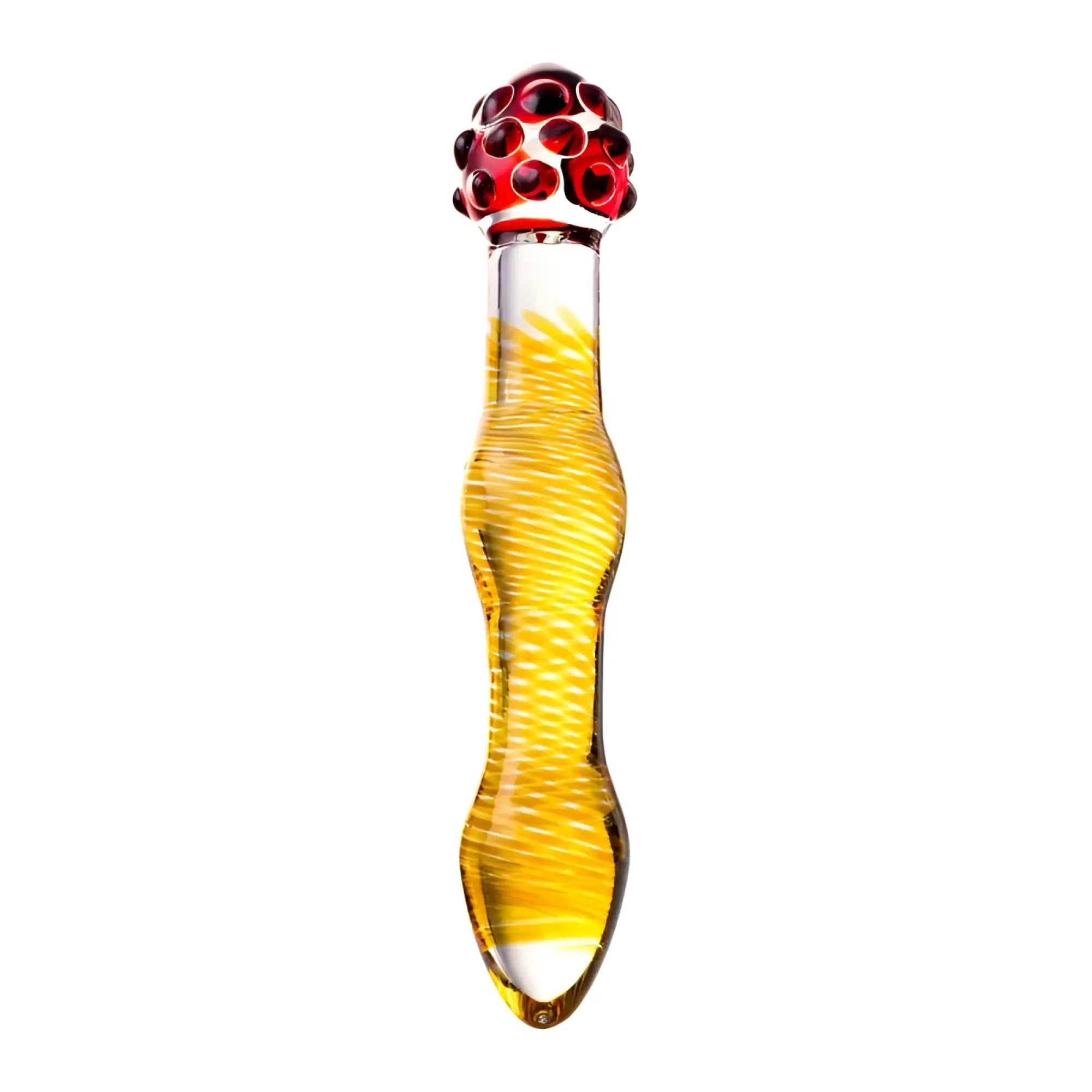 Sexus Glass dildo yellow and red 20.5 cm translucent glass with red bumpy head and swirling golden patterns