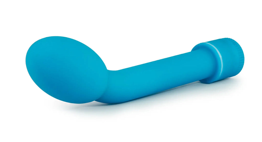Blue silicone g slim petite toy with curved rounded head and cylindrical handle from sexy things collection