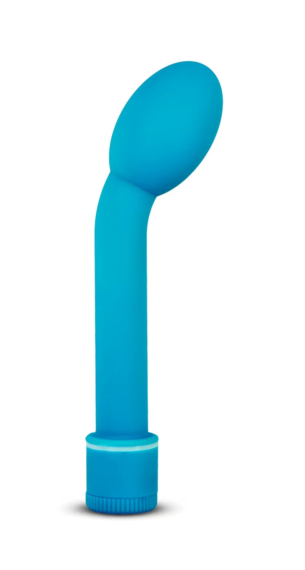 A sleek solid blue silicone vibratory wand with a curved handle and rounded head from sexy things g slim petite blue