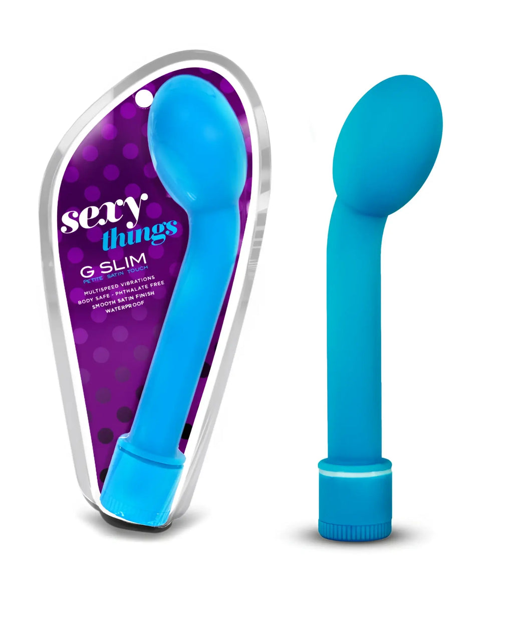 A vibrant blue sexy things g slim petite vibrato with sleek curves smooth satin finish and waterproof design