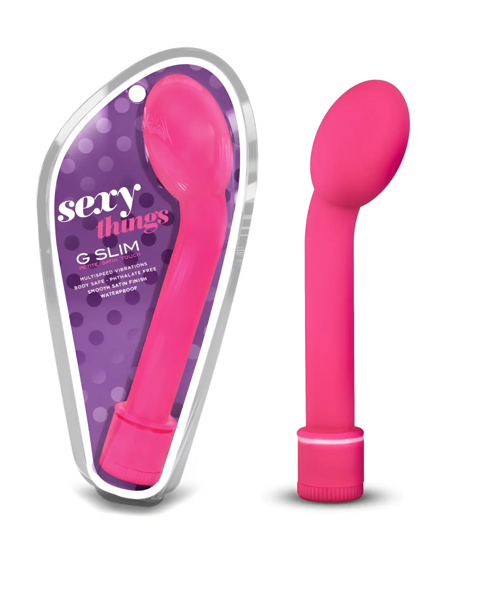 Bright pink sleekly curved g slim petite vibratory toy from Sexy Things designed for discreet personal use
