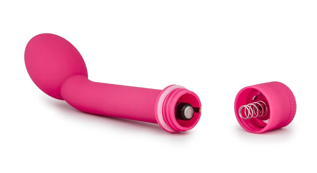 Sexy Things G Slim Petite pink silicone vibratory wand with removable cap showing internal spring mechanism