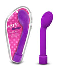 Purple silicone g slim petite vibrato toy with rounded head and textured base in clear pink polka-dot packaging