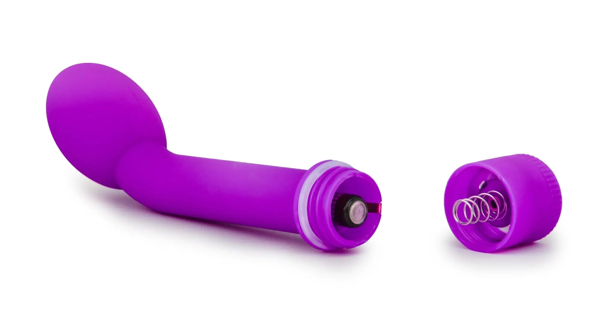 Sexy things g slim petite purple silicone vibratory toy with rounded head and removable cap revealing spring mechanism