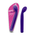 Purple silicone g slim vibrato toy from Sexy Things shown in pink polka dot packaging and as a standalone item