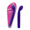 Purple silicone g slim vibrato toy from Sexy Things shown in pink polka dot packaging and as a standalone item