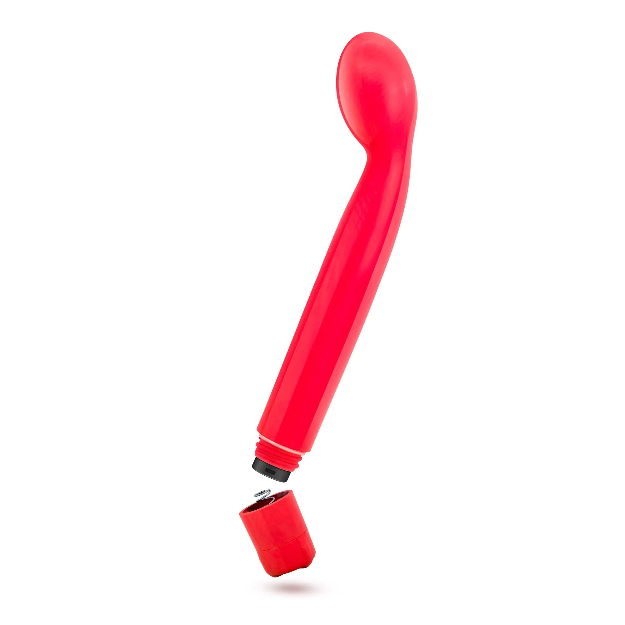 Red silicone vibratory wand with curved handle and detachable cap from sexy things g slim red collection
