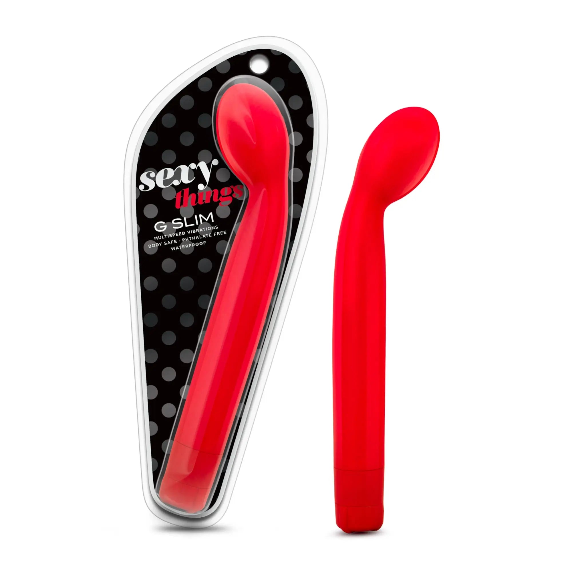 Red sleekly curved g slim vibratory toy from sexy things designed for intimate pleasure and ergonomic use