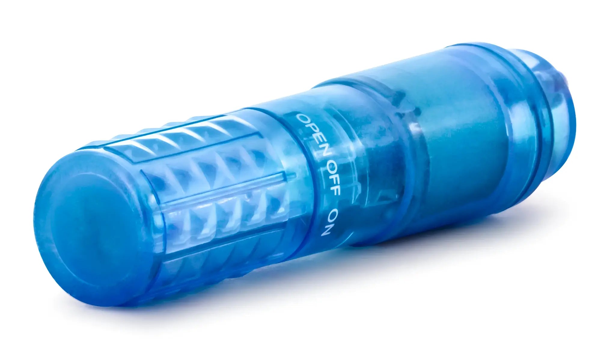 Sexy Things rocker blue translucent plastic cylindrical device with textured grip and open off on markings