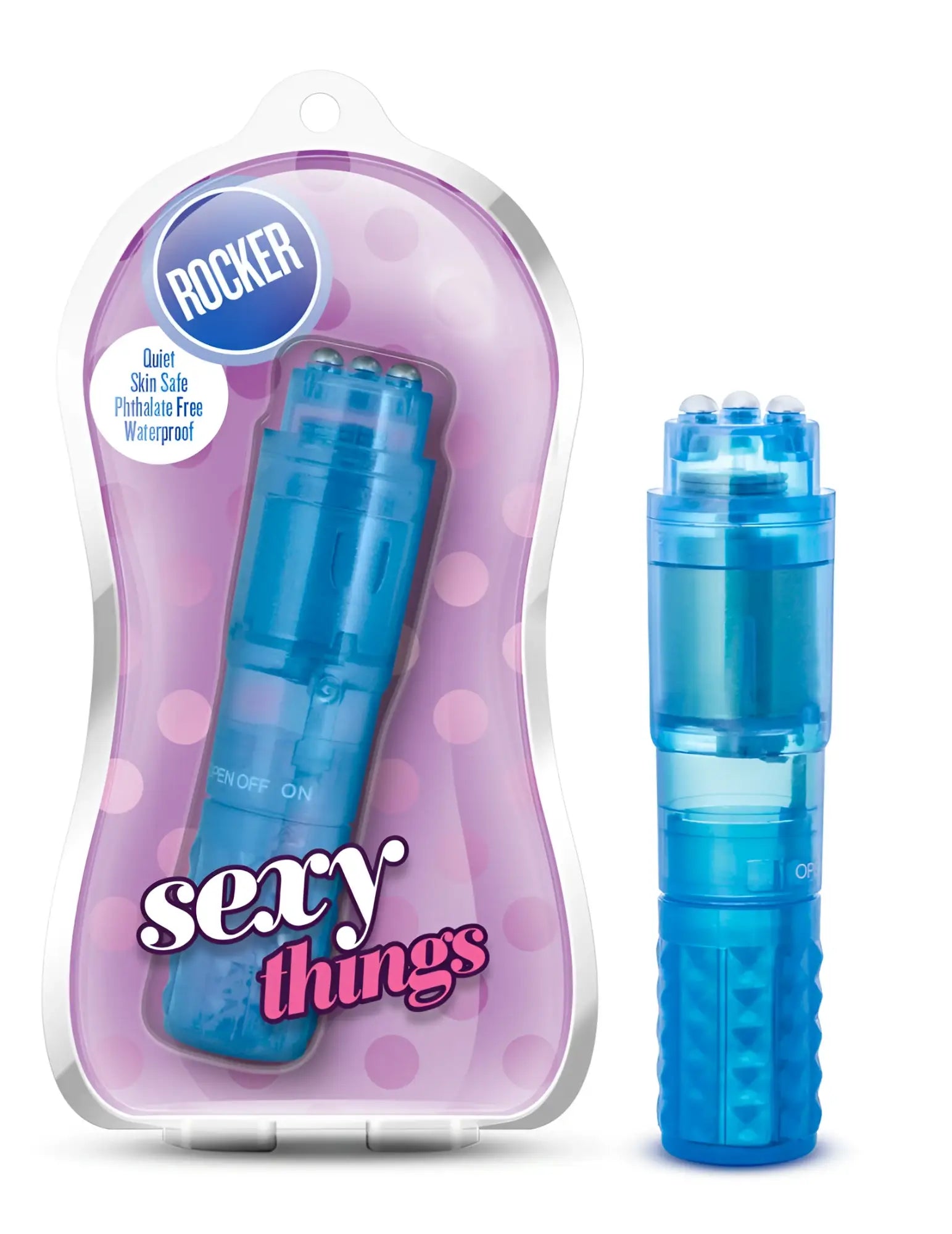 Blue translucent plastic rocker toy with textured grip and clear cylindrical body in pink polka-dot sexy things pack