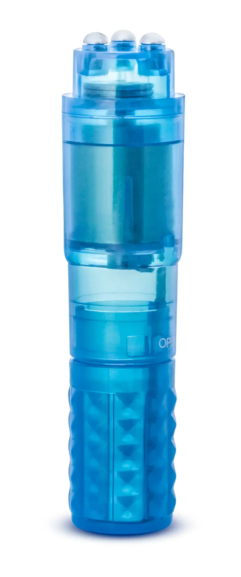 Blue translucent plastic sexy things rocker with textured grip and clear top section for intimate use