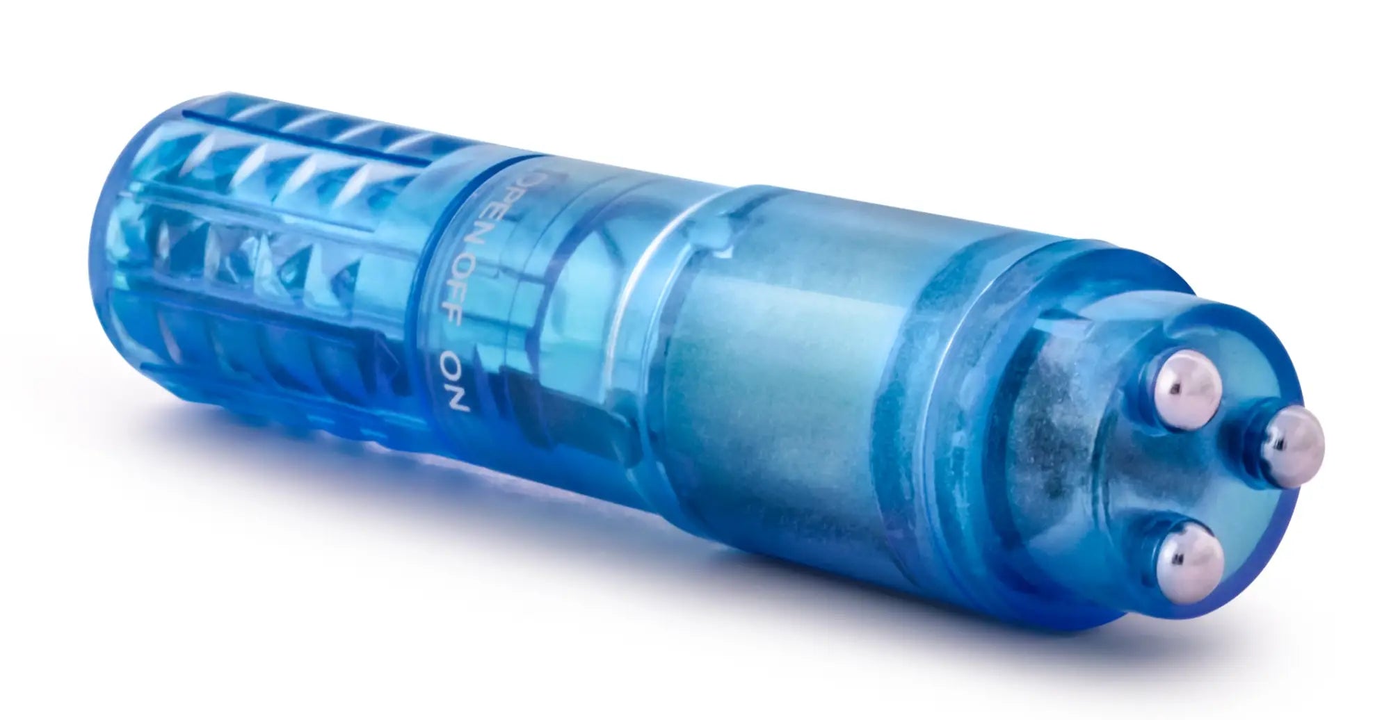 Sexy Things Rocker Blue transparent blue plastic cylindrical device with textured grip and three metallic spherical tips