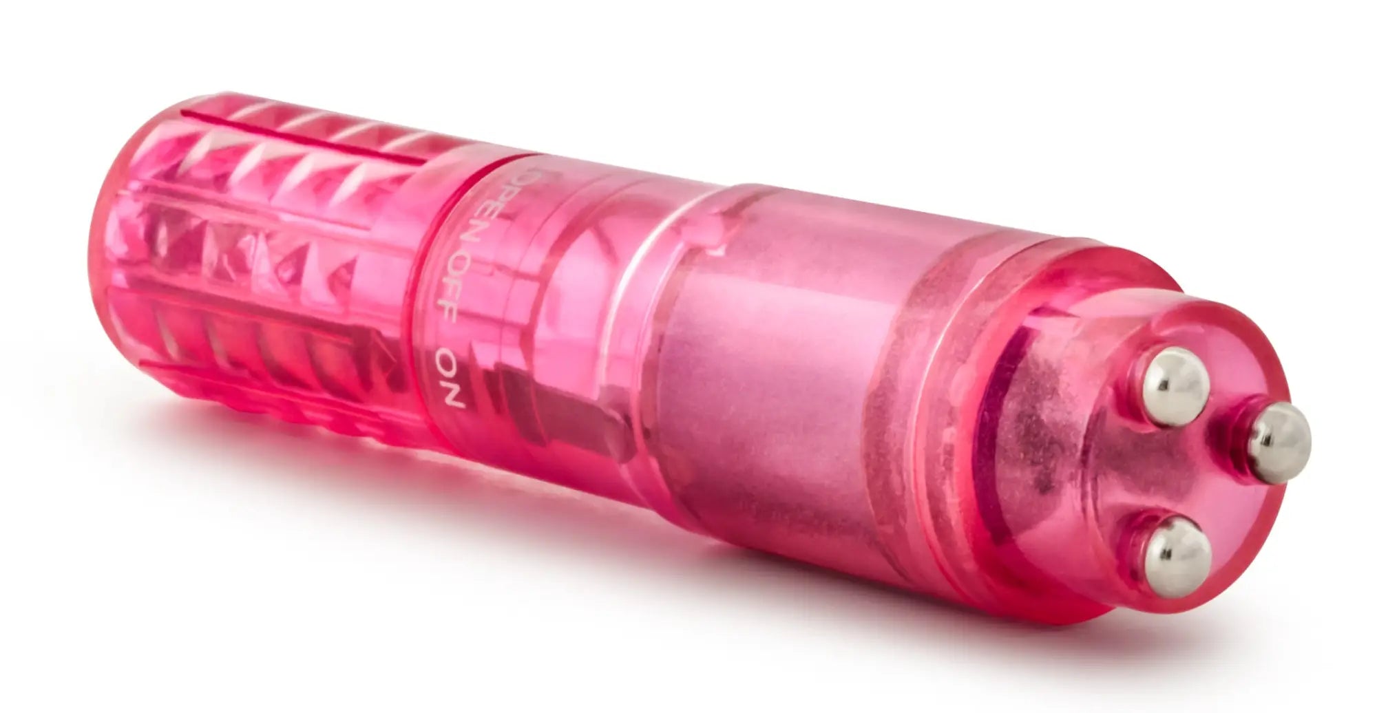 Pink translucent plastic sexy things rocker with three metallic spheres and textured grip for massage use