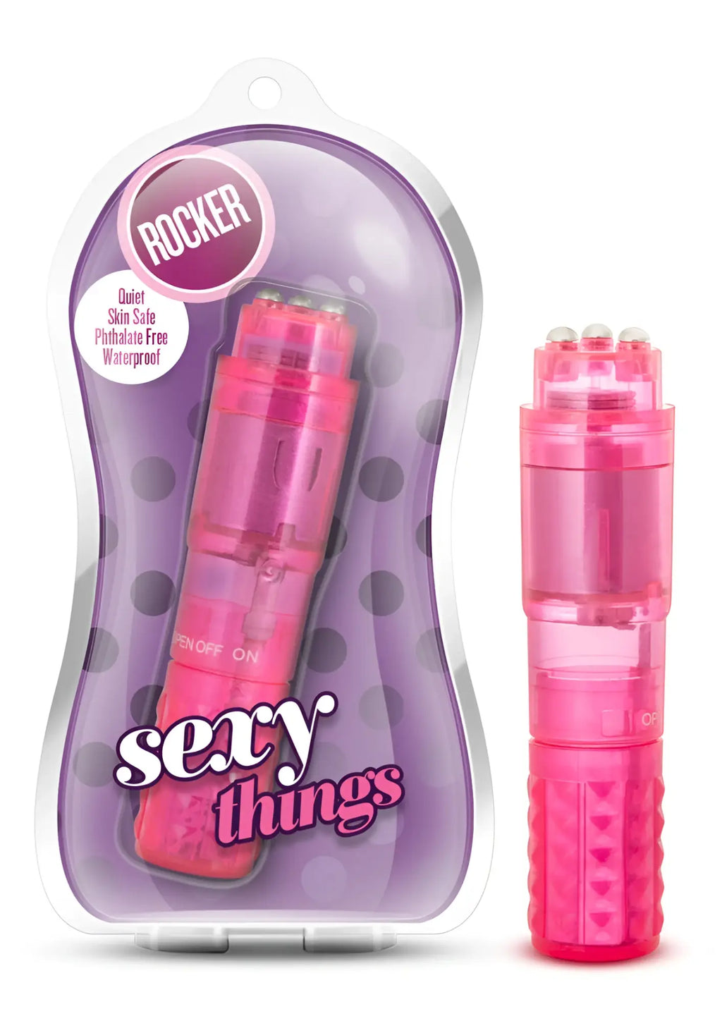 Pink translucent plastic toy with three rounded tips and textured grip from sexy things model rocker