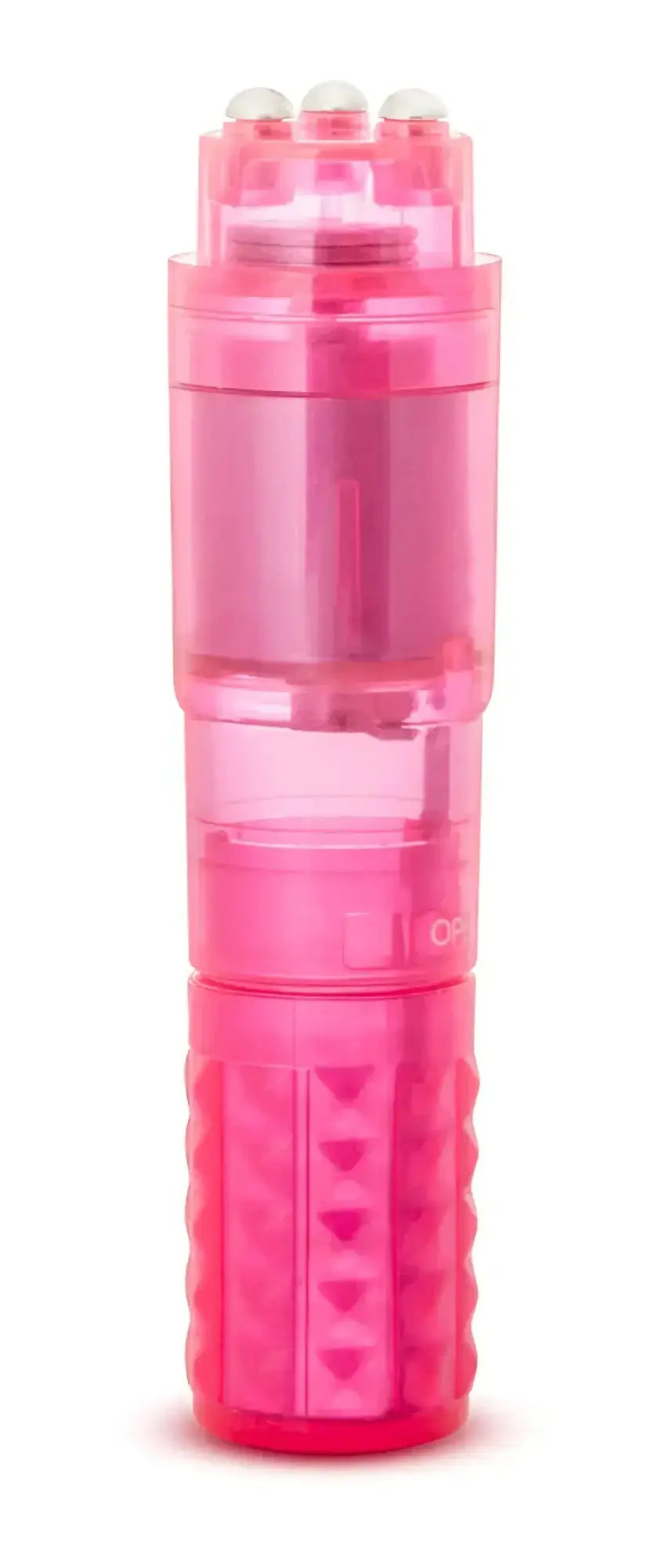 Pink translucent plastic vibrator with textured grip and three clear spherical tips from sexy things rocker pink series