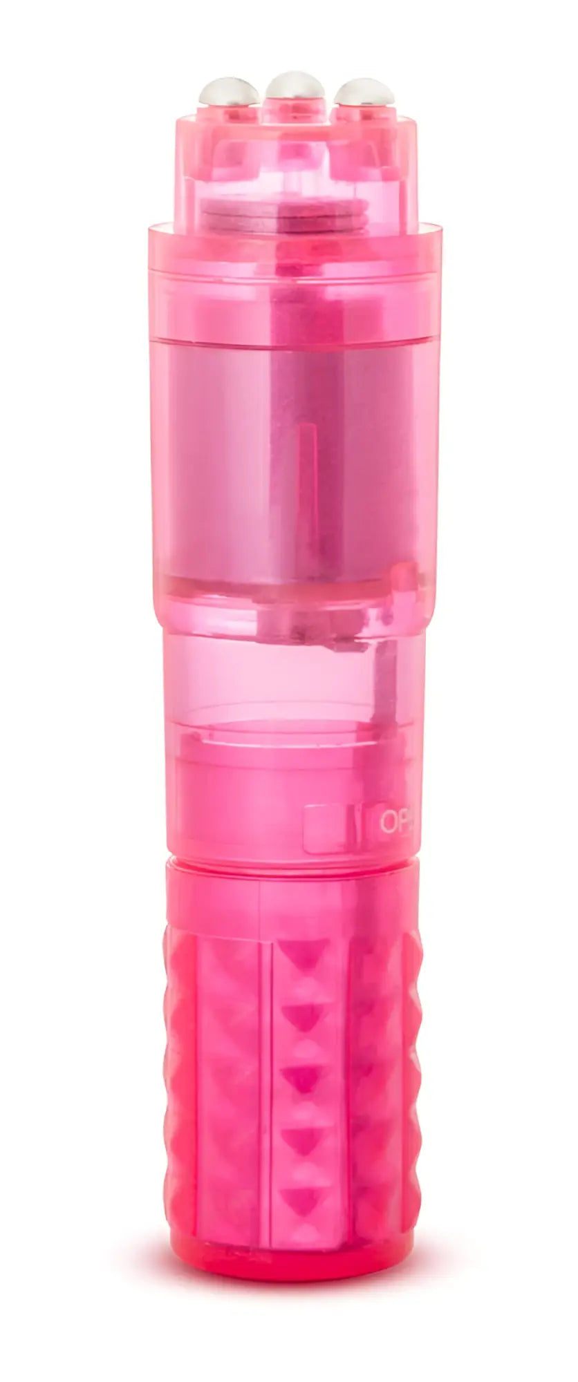 Pink translucent plastic vibrator with textured grip and three clear spherical tips from sexy things rocker pink series